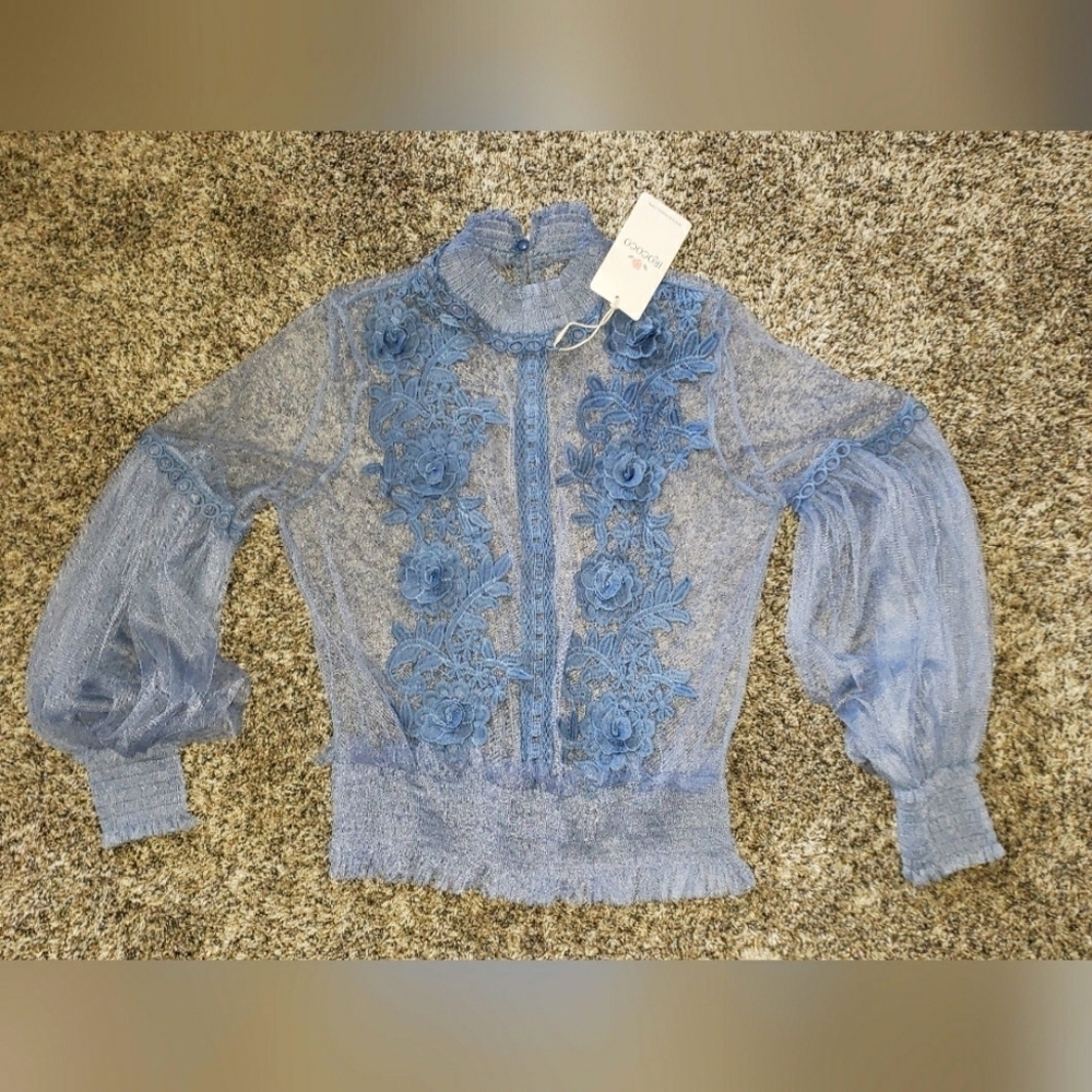 Irococo| NWT| Elegant Sheer Floral Embroidered Lace Puffy Sleeve Top